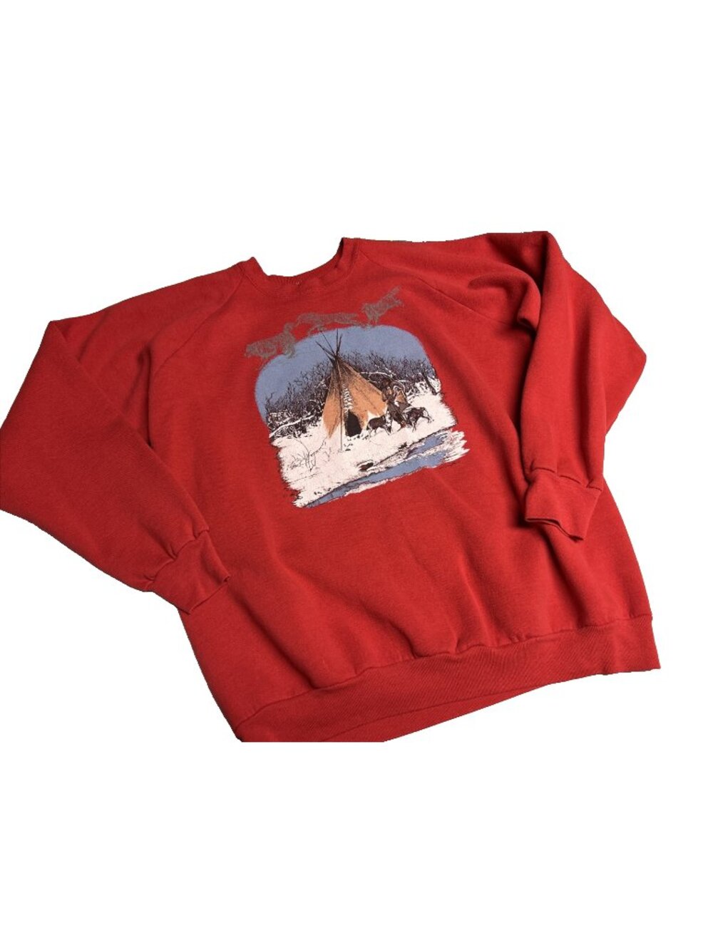 Vintage Pullover Red Graphic Sweatshirt American Indian Teepee Wolves Winter